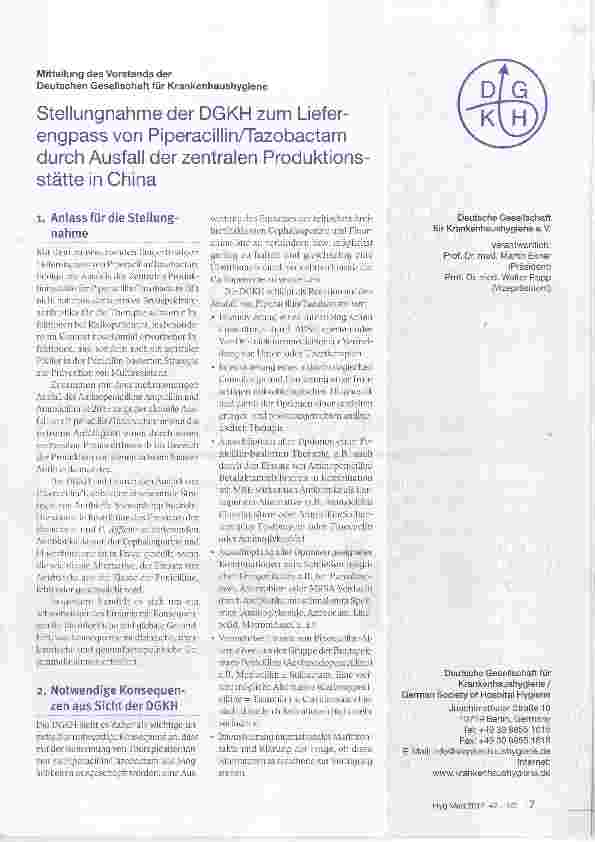 Vorschauseite 1: Stellungnahme der DGKH zum Liefer-engpass von PiperacillinATazobactam durch Ausfall der zentralen Produktionsstätte in China