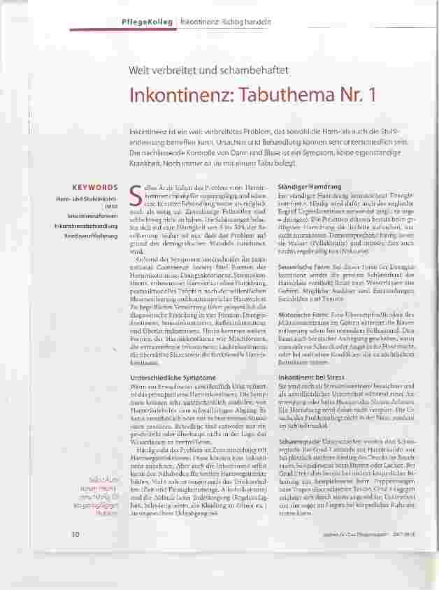 Vorschauseite 1: Weit verbreitet und schambehaftet Inkontinenz: Tabuthema Nr. 1
