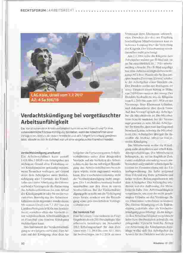 Vorschauseite 1: Verdachtskündigung bei vorgetäuschter Arbeitsunfähigkeit