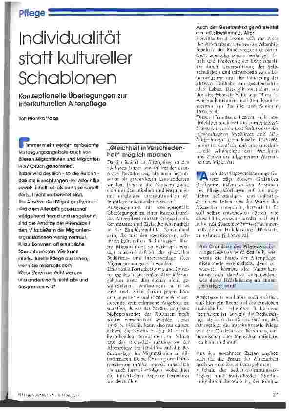 Vorschauseite 1: Individualität statt kultureller Schablonen Konzeptionelle Überlegungen zur interkulturellen Altenpflege