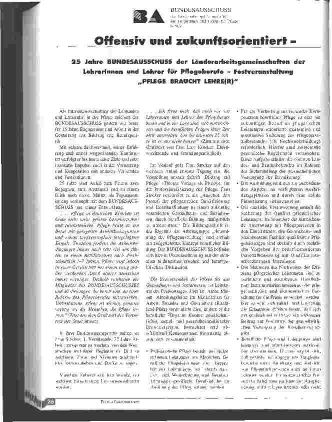 Vorschauseite 1: Offensiv und zukunftsorientiert - 25 Jahre Bundesausschuß der Länderarbeitsgemeinschaft der Lehrerinnen und Lehrer für Pflegeberufe - Festveranstaltung Pflege braucht Lehre(r)