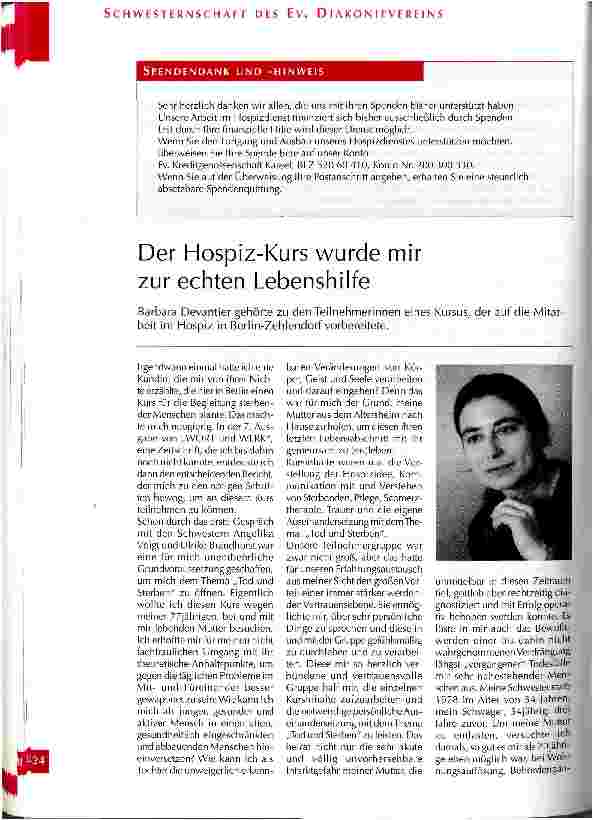Vorschauseite 1: Der Hospiz-Kurs wurde mir zur echten Lebenshilfe Barbara Devantier gehörte zu den Teilnehmerinnen eines Kurses, der auf die Mitarbeit im Hospiz in Berlin-Zehlendorf vorbereitete