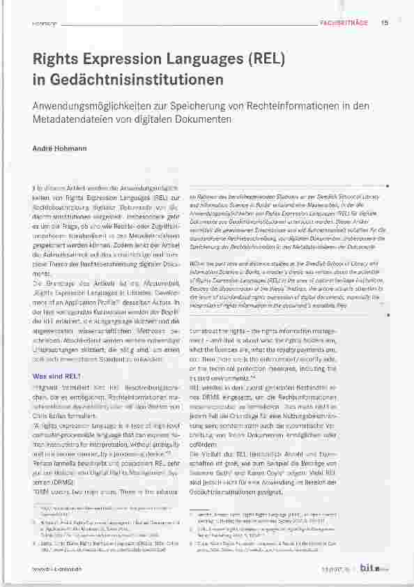 Vorschauseite 1: Rights Expression Languages (REL) in Gedächtnisinstitutionen