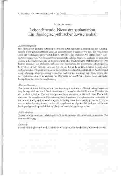 Vorschauseite 1: Lebendspende-Nierentransplantation. Ein theologisch-ethischer Zwischenhalt