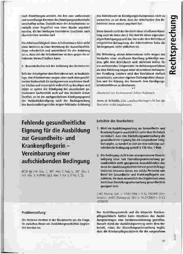 Vorschauseite 1: Fehlende gesundheitliche Eignung für die Ausbildung zur Gesundheitsund Krankenpflegerin -Vereinbarung einer aufschiebenden Bedingung