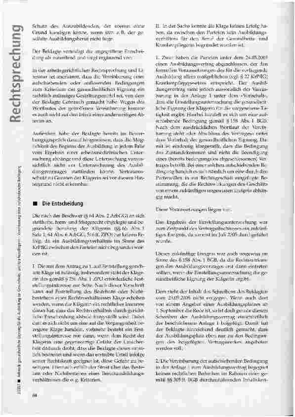 Vorschauseite 4: Fehlende gesundheitliche Eignung für die Ausbildung zur Gesundheitsund Krankenpflegerin -Vereinbarung einer aufschiebenden Bedingung