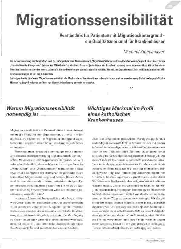 Vorschauseite 1: Migrationssensibilität - Verständnis für Patienten mit Migrationshintergrund -ein Qualitätsmerkmal für Krankenhäuser
