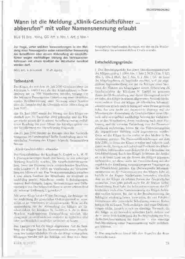 Vorschauseite 1: Wann ist die Meldung Klinik-Geschäftsführer. abberufen mit voller Namensnennung erlaubt