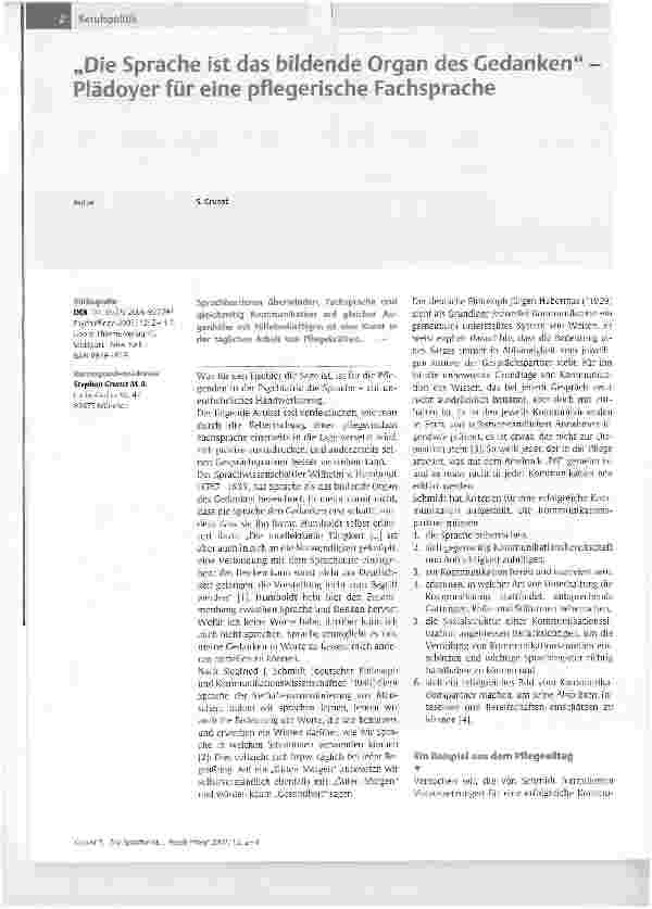 Vorschauseite 1: Die Sprache ist das bildende Organ des Gedanken-Plädoyer für eine pflegerische Fachsprache