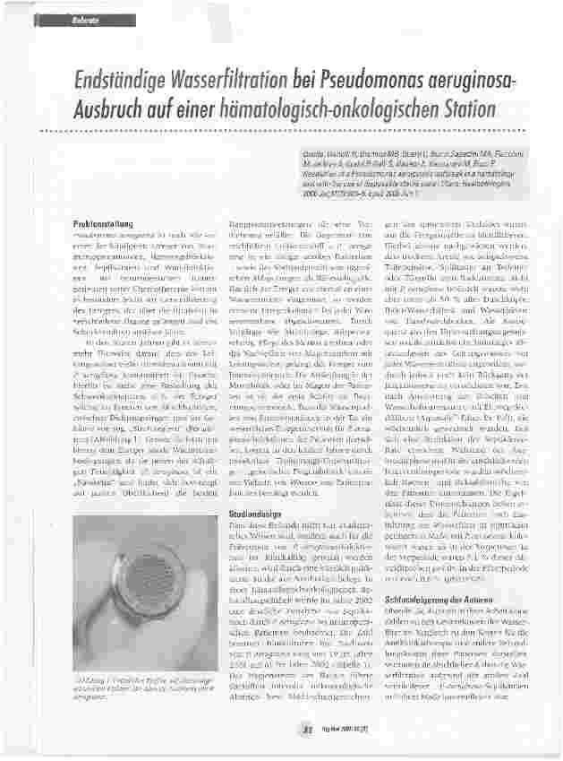 Vorschauseite 1: Endständige Wasserfiltration bei Pseudomonas aeruginosa Ausbruch auf einer hämatologiscb-onkologiscben Station