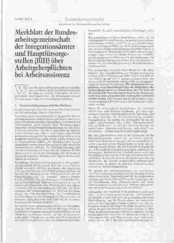 Vorschauseite 1: Merkblatt der Bundesarbeitsgemeinschaft der Integrationsämter und Hauptfürsorgestellen (BIH) über Arbeitgeberpflichten bei Arbeitsassistenz