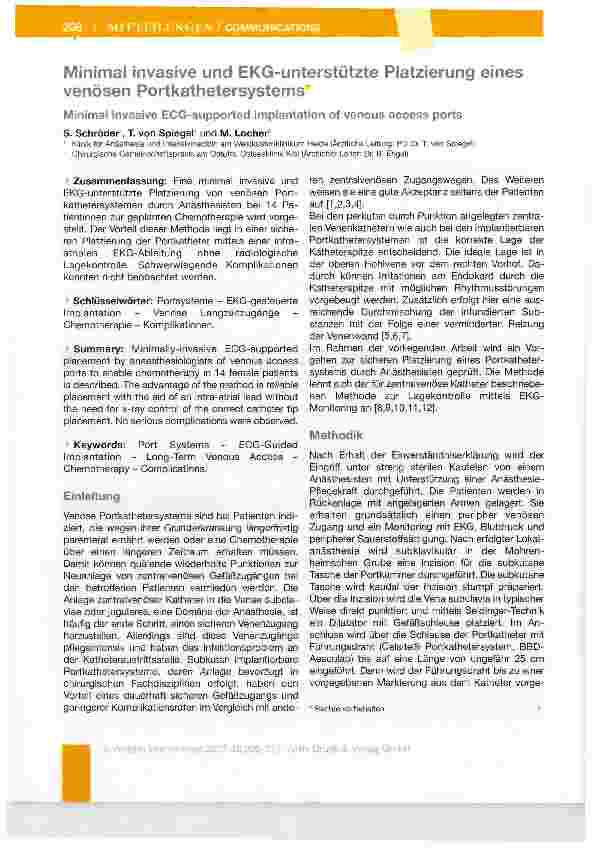 Vorschauseite 1: Minimal invasive und EKG-unterstützte Platzierung eines venösen Portkathetersystems