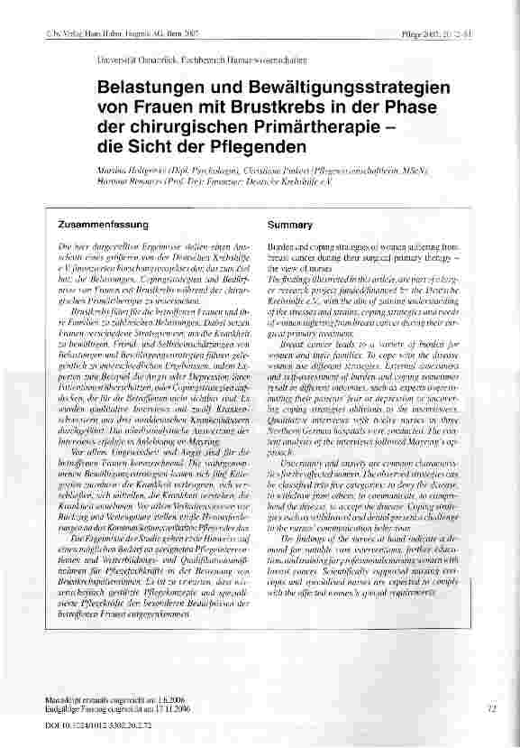 Vorschauseite 1: Belastungen und Bewältigungsstrategien von Frauen mit Brustkrebs in der Phase der chirurgischen Primärtherapie -die Sicht der Pflegenden