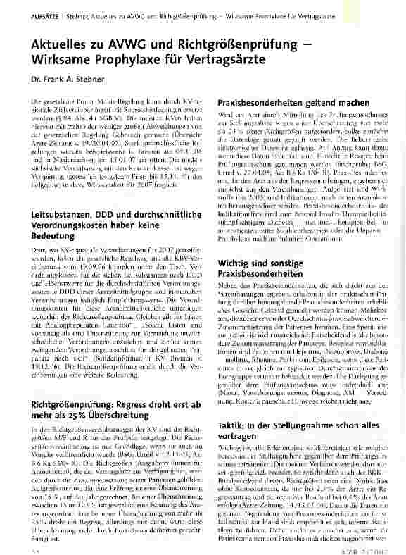 Vorschauseite 1: Aktuelles zu AVWG und Richtgrößenprüfung Wirksame Prophylaxe für Vertragsärzte