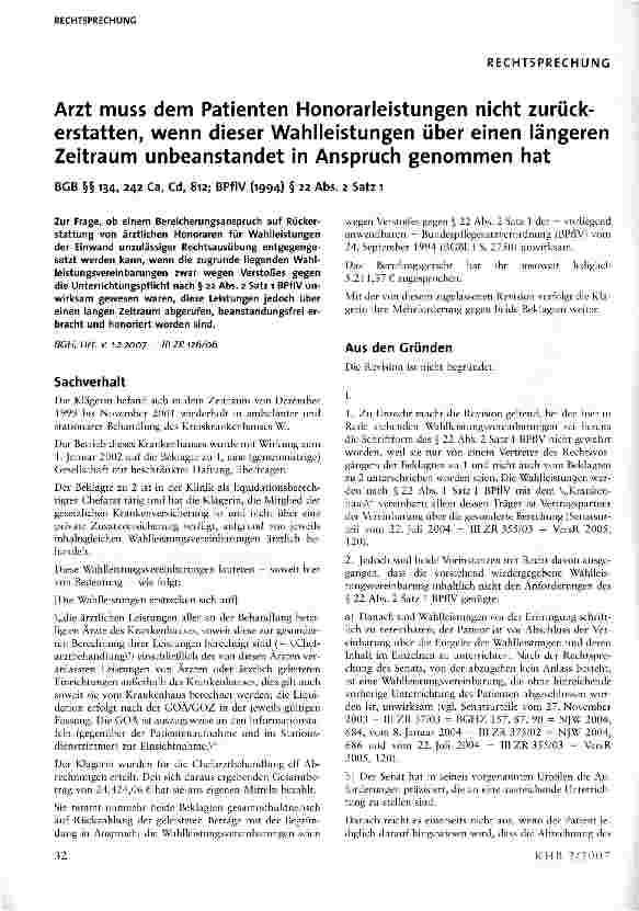 Vorschauseite 1: Arzt muss dem Patienten Honorarleistungen nicht zurückerstatten, wenn dieser Wahlleistungen über einen längeren Zeitraum unbeanstandet in Anspruch genommen hat