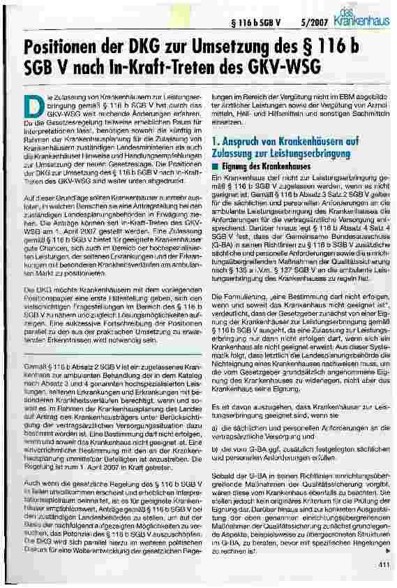 Vorschauseite 1: Positionen der DKG zur Umsetzung des § 116 b SGB V nach In-Kraft-Treten des GKV-WSG