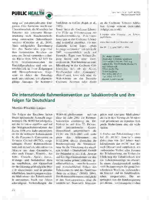 Vorschauseite 1: Die internationale Rahmenkonvention zur Tabakkontrolle und ihre Folgen für Deutschland