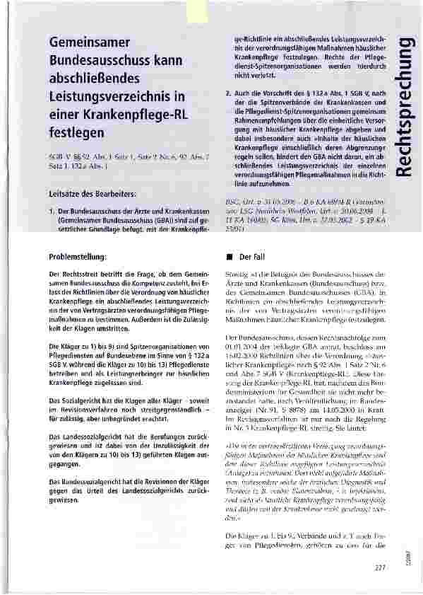 Vorschauseite 1: Gemeinsamer Bundesausschuss kann abschließendes Leistungsverzeichnis in einer Krankenpflege-RL festlegen