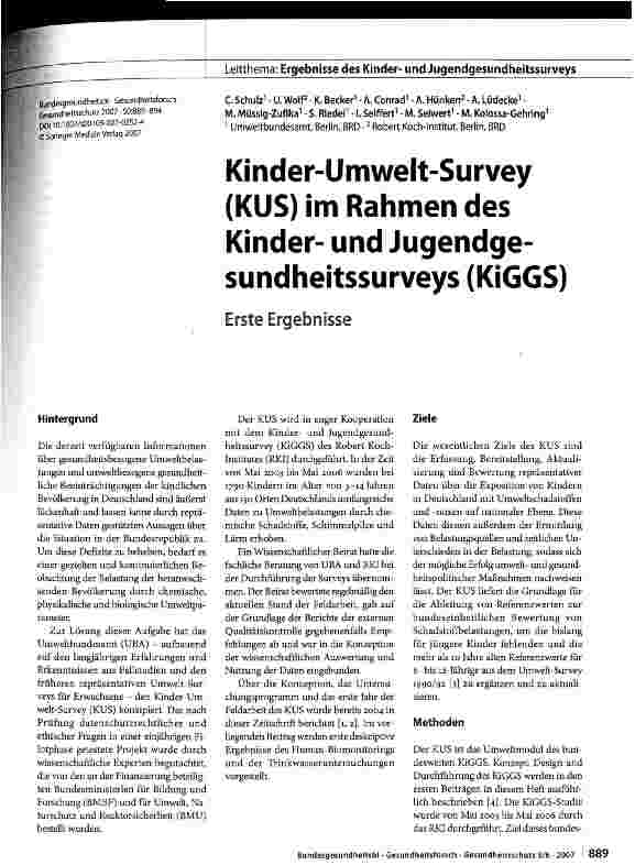 Vorschauseite 1: Kinder-Umwelt-Survey (KUS) im Rahmen des Kinderund Jugendgesundheitssurveys (KiGGS)