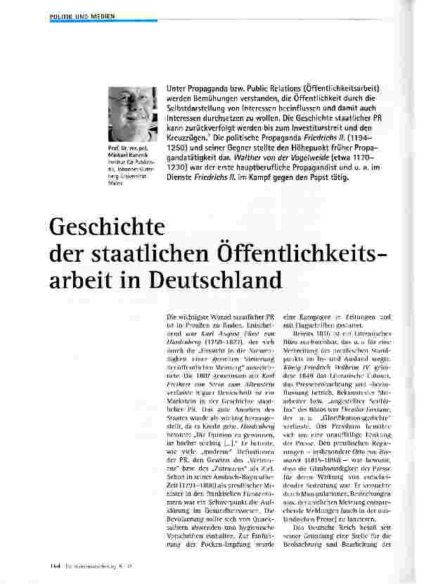 Vorschauseite 1: Geschichte der staatlichen Öffentlichkeitsarbeit in Deutschland