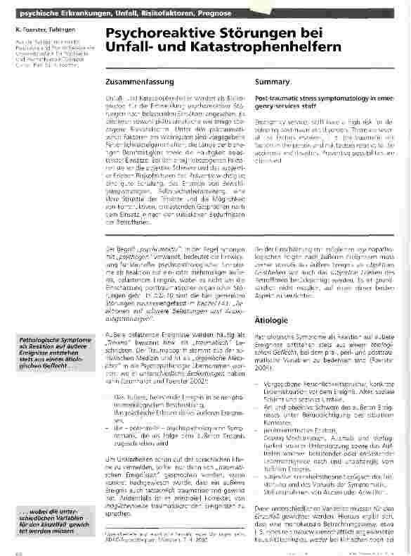 Vorschauseite 1: Psychoreaktive Störungen bei Unfallund Katastrophenhelfern