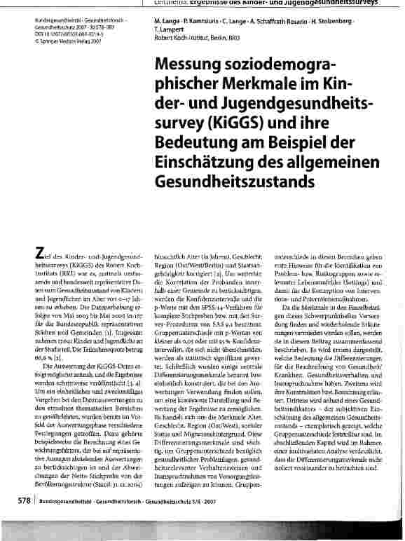 Vorschauseite 1: Messung soziodemogra-phischer Merkmale im Kinderund Jugendgesundheits-survey (KiGGS) und ihre Bedeutung am Beispiel der Einschätzung des allgemeinen Gesundheitszustands