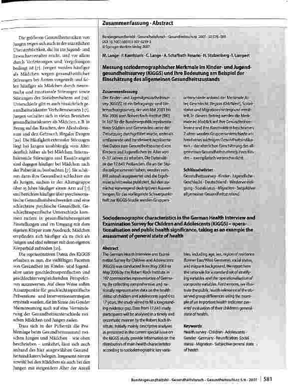 Vorschauseite 4: Messung soziodemogra-phischer Merkmale im Kinderund Jugendgesundheits-survey (KiGGS) und ihre Bedeutung am Beispiel der Einschätzung des allgemeinen Gesundheitszustands