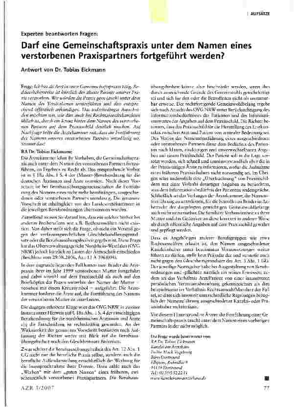 Vorschauseite 1: Darf eine Gemeinschaftspraxis unter dem Namen eines verstorbenen Praxispartners fortgeführt werden?