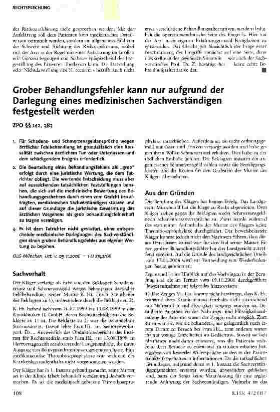 Vorschauseite 1: Grober Behandlungsfehler kann nur aufgrund der Darlegung eines medizinischen Sachverständigen festgestellt werden
