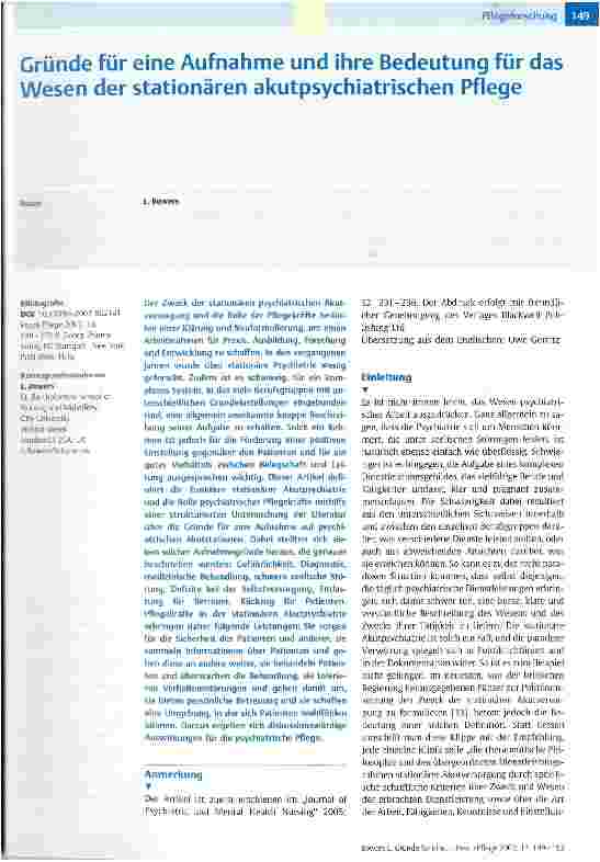 Vorschauseite 1: Gründe für eine Aufnahme und ihre Bedeutung für das Wesen der stationären akutpsychiatrischen Pflege