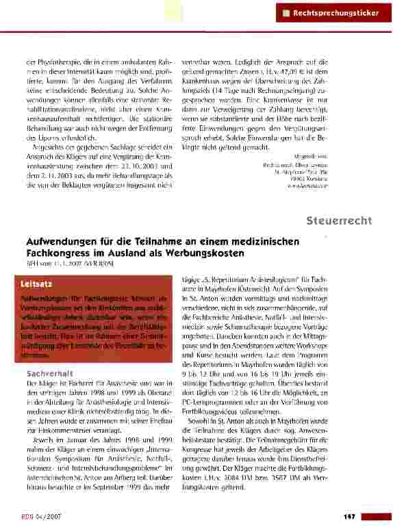 Vorschauseite 1: Aufwendungen für die Teilnahme an einem medizinischen Fachkongress im Ausland als Werbungskosten