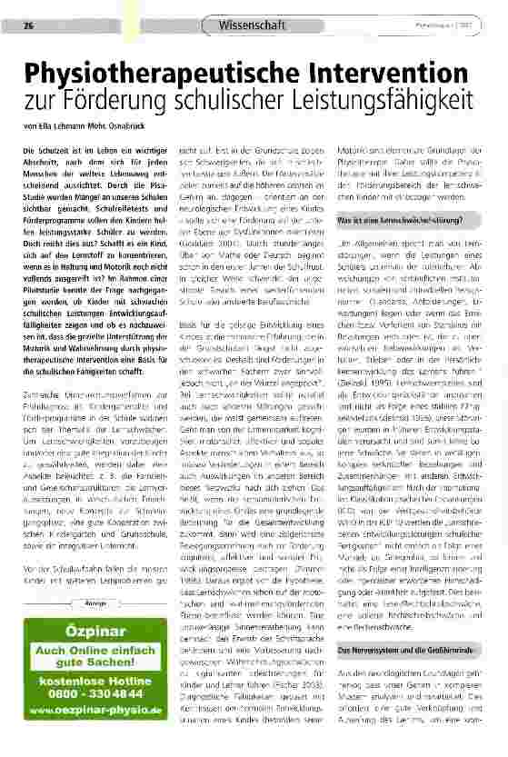 Vorschauseite 1: Physiotherapeutische Intervention zur Förderung schulischer Leistungsfähigkeit