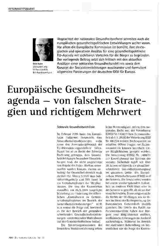 Vorschauseite 1: Europäische Gesundheitsagenda - von falschen Strategien und richtigem Mehrwert