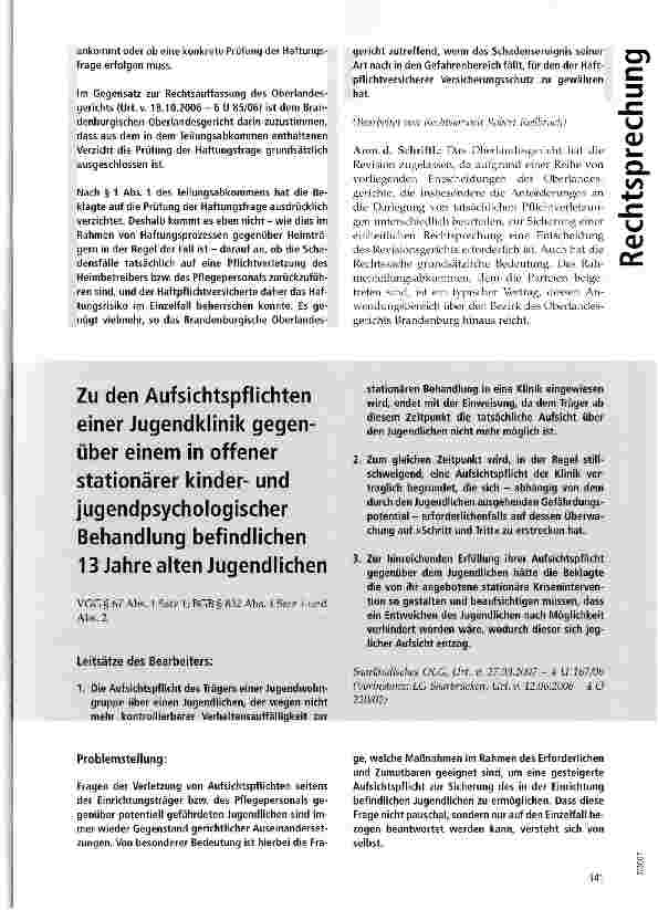 Vorschauseite 1: Zu den Aufsichtspflichten einer Jugendklinik gegenüber einem in offener stationärer kinderund jugendpsychologischer Behandlung befindlichen 13 Jahre alten Jugendlichen