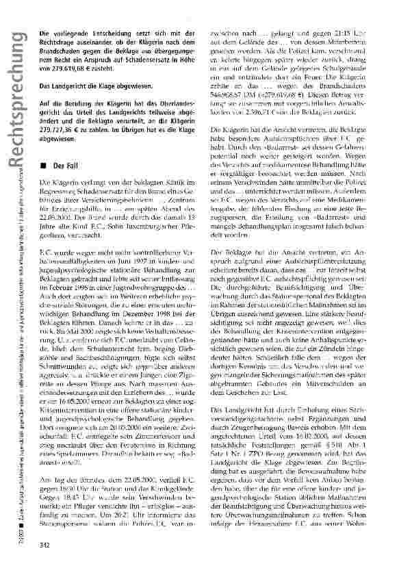 Vorschauseite 2: Zu den Aufsichtspflichten einer Jugendklinik gegenüber einem in offener stationärer kinderund jugendpsychologischer Behandlung befindlichen 13 Jahre alten Jugendlichen