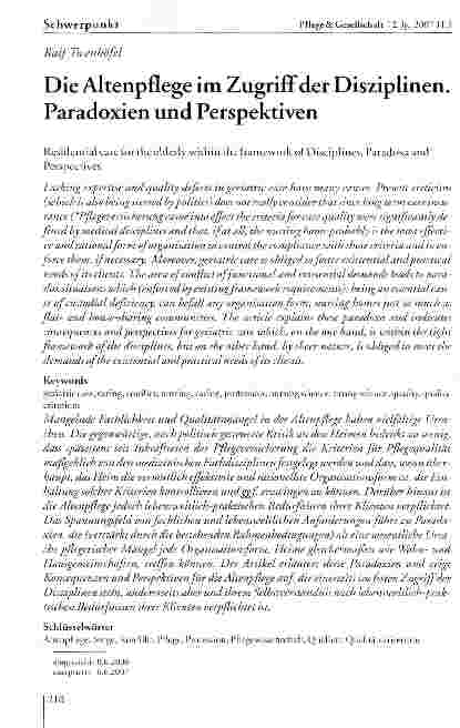 Vorschauseite 1: Die Altenpflege im Zugriff der Disziplinen. Paradoxien und Perspektiven