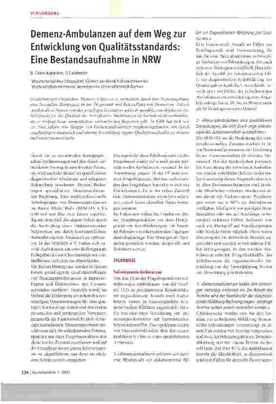 Vorschauseite 1: Demenz-Ambulanzen auf dem Weg zur Entwicklung von Qualitätsstandards: Eine Bestandsaufnahme in NRW