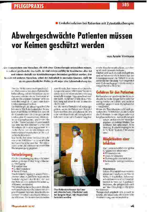 Vorschauseite 1: Abwehrgeschwächte Patienten müssen vor Keimen geschützt werden Umkehrisolation bei Patienten mit Zytostatikatherapie