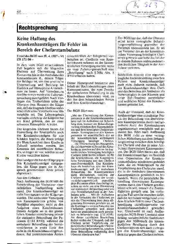 Vorschauseite 1: Keine Haftung des Krankenhausträgers für Fehler im Bereich der Chefarztambulanz.