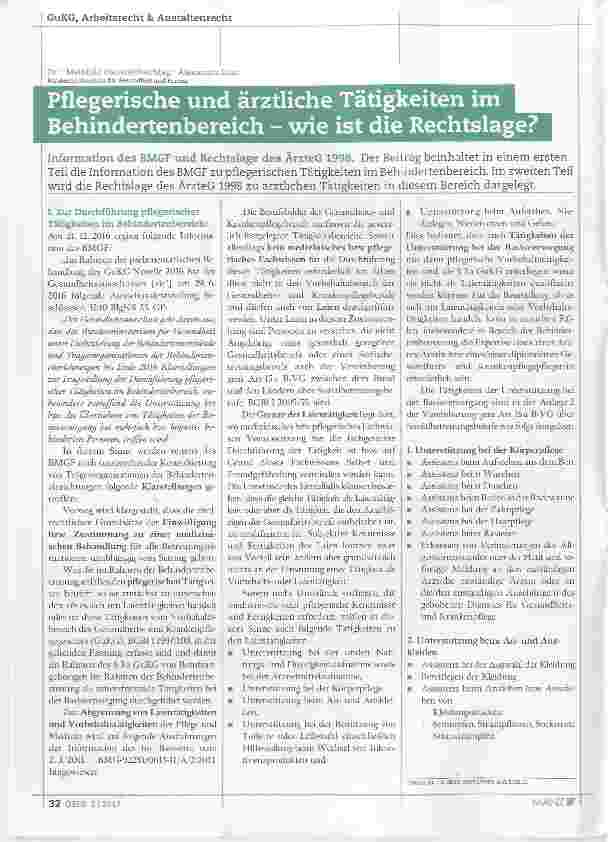 Vorschauseite 1: Pflegerische und ärztliche Tätigkeiten im Behindertenbereich wie ist die Rechtslage?
