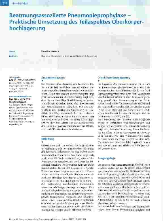 Vorschauseite 1: Beatmungsassoziierte Pneumonieprophylaxe -Praktische Umsetzung des Teilaspektes Oberkörperhochlagerung