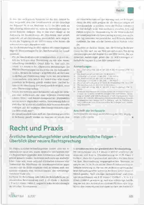 Vorschauseite 1: Ärztliche Behandlungsfehier und berufsrechtiiche Folgen Überblick über neuere Rechtsprechung