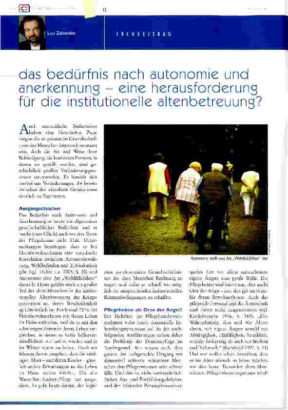 Vorschauseite 1: Das Bedürfnis nach Autonomie und Anerkennung - eine Herausforderung für die institutionelle Altenbetreuung?