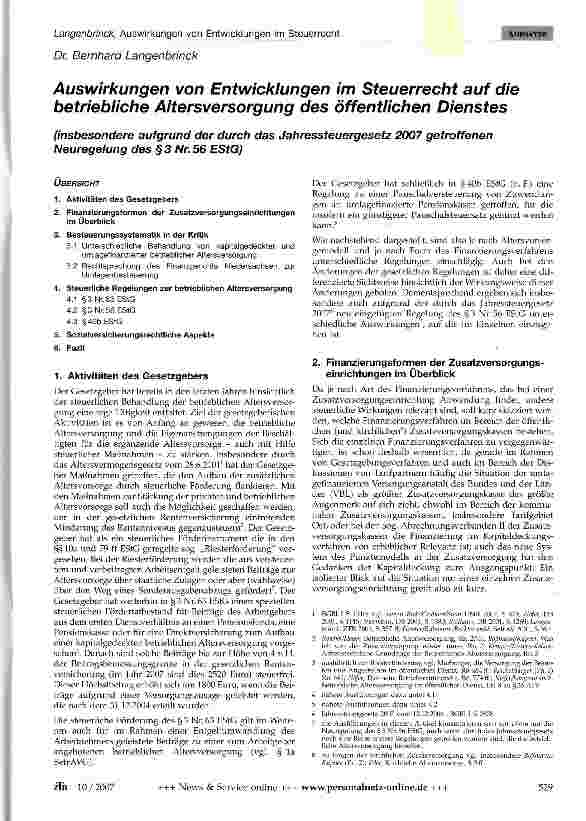 Vorschauseite 1: Auswirkungen von Entwicklungen im Steuerrecht auf die betriebliche Altersversorgung des öffentlichen Dienstes