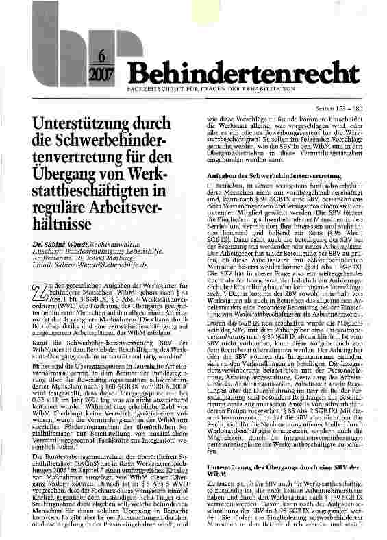 Vorschauseite 1: Unterstützung durch die Schwerbehindertenvertretung für den Übergang von Werkstattbeschäftigten in reguläre Arbeitsverhaltnisse