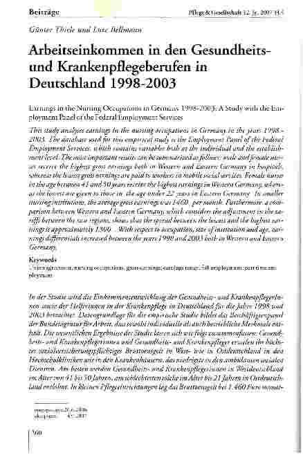 Vorschauseite 1: Arbeitseinkommen in den Gesundheitsund Krankenpflegeberufen in Deutschland 1998-2003
