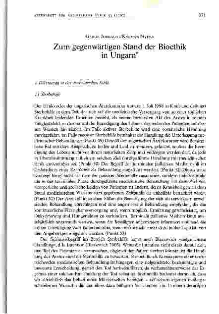 Vorschauseite 1: Zum gegenwärtigen Stand der Bioethik in Ungarn