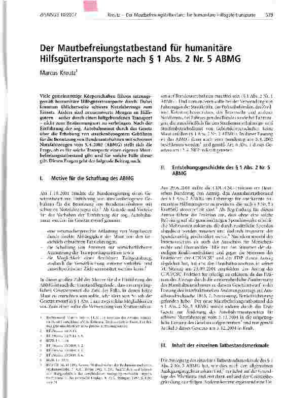Vorschauseite 1: Der Mautbefreiungstatbestand für humanitäre Hilfsgütertransporte nach § 1 Abs. 2 Nr. 5 ABMG