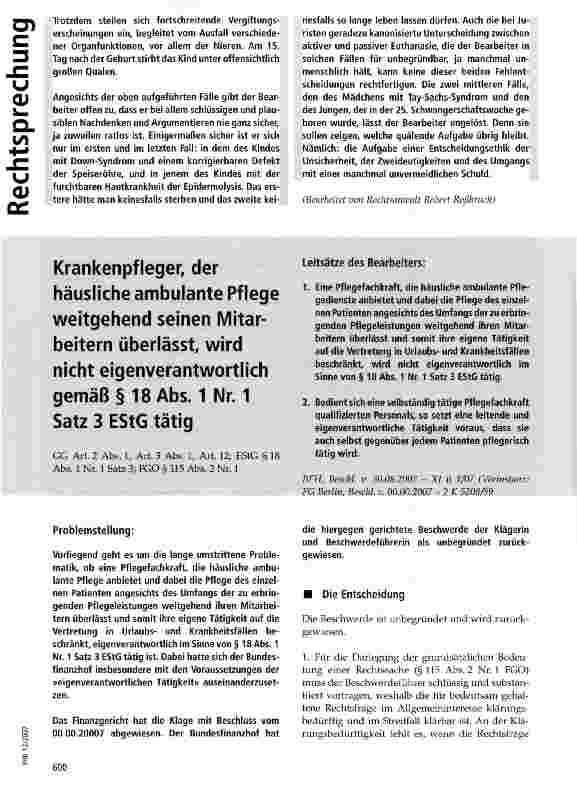 Vorschauseite 1: Krankenpfleger, der häusliche ambulante Pflege weitgehend seinen Mitarbeitern überlässt, wird nicht eigenverantwortlich gemäß § 18 Abs. 1 Nr. 1 Satz 3 EStG tätig