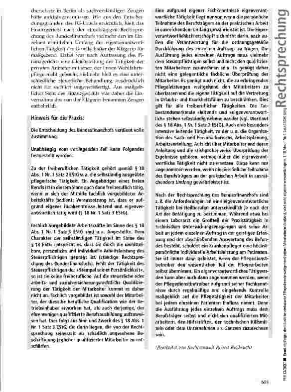 Vorschauseite 4: Krankenpfleger, der häusliche ambulante Pflege weitgehend seinen Mitarbeitern überlässt, wird nicht eigenverantwortlich gemäß § 18 Abs. 1 Nr. 1 Satz 3 EStG tätig